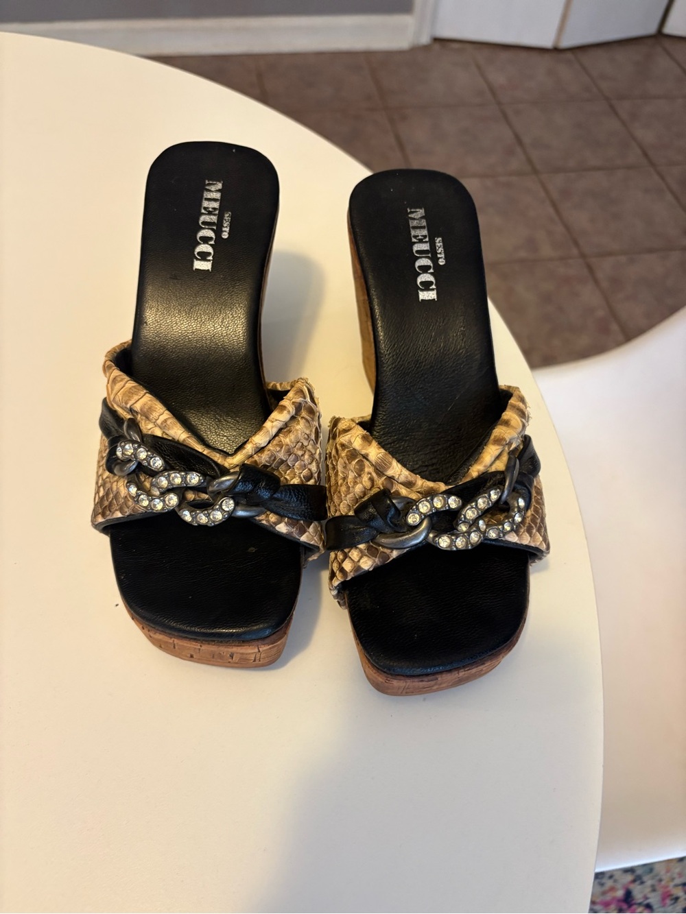 Sesto Meucci Black and Tan Snakeskin Slide Sandals with Crystal Chain